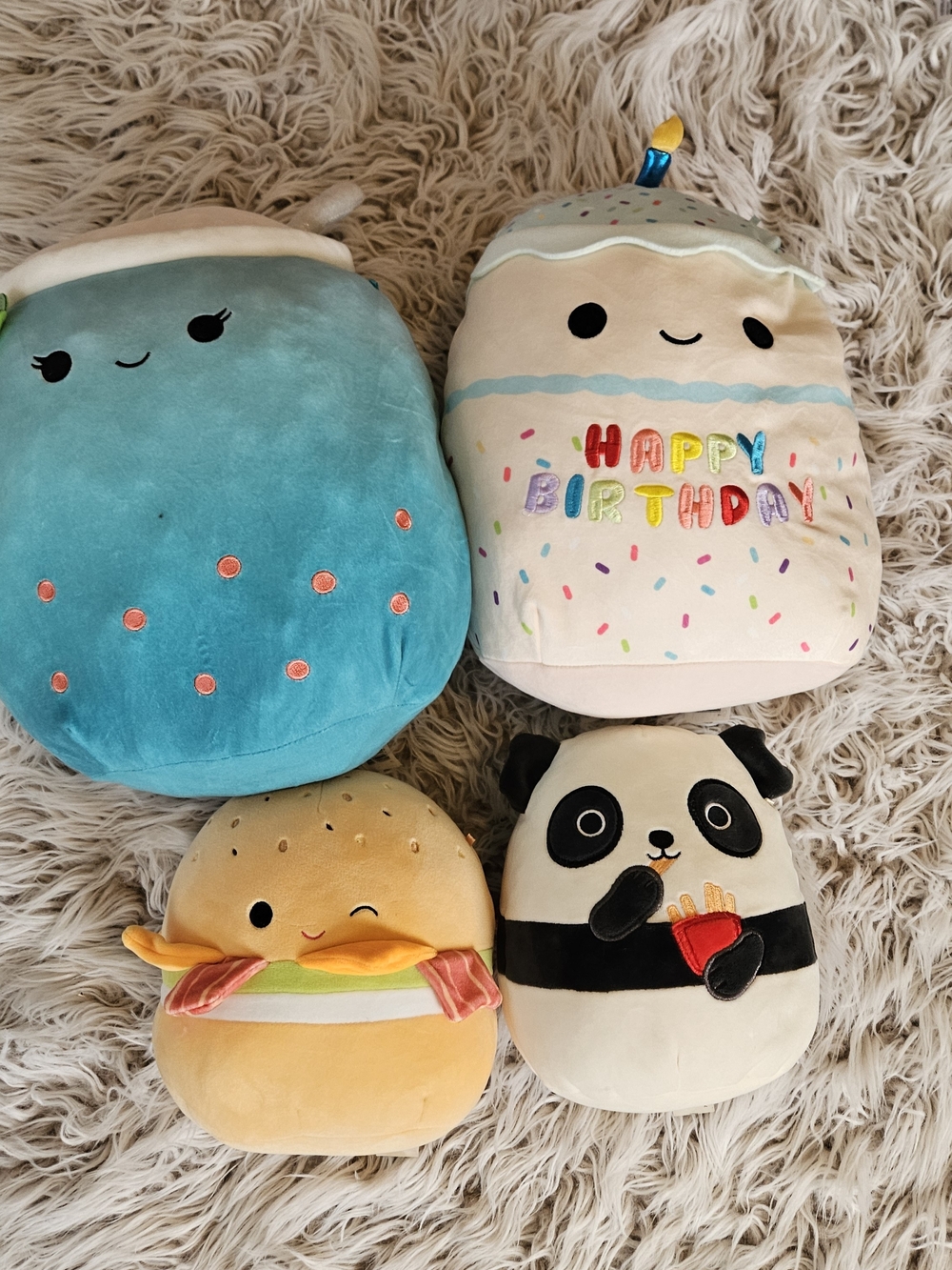 Squishmallows Bundle - Panda, Birthday, Cheeseburger, Boba Tea